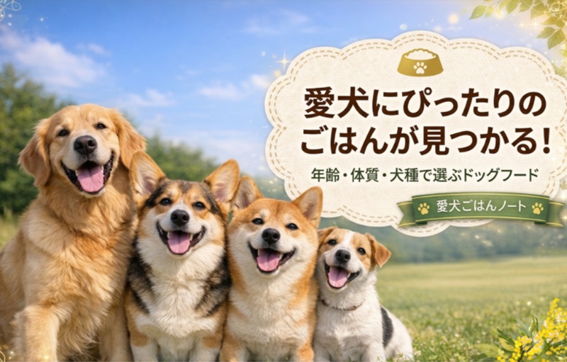 青空と草原を背景に笑顔で並ぶ4匹の犬(ゴールデン、コーギー、柴犬、ジャックラッセル)と、「愛犬にぴったりのごはんが見つかる!」というキャッチコピーが書かれたトップ画像。